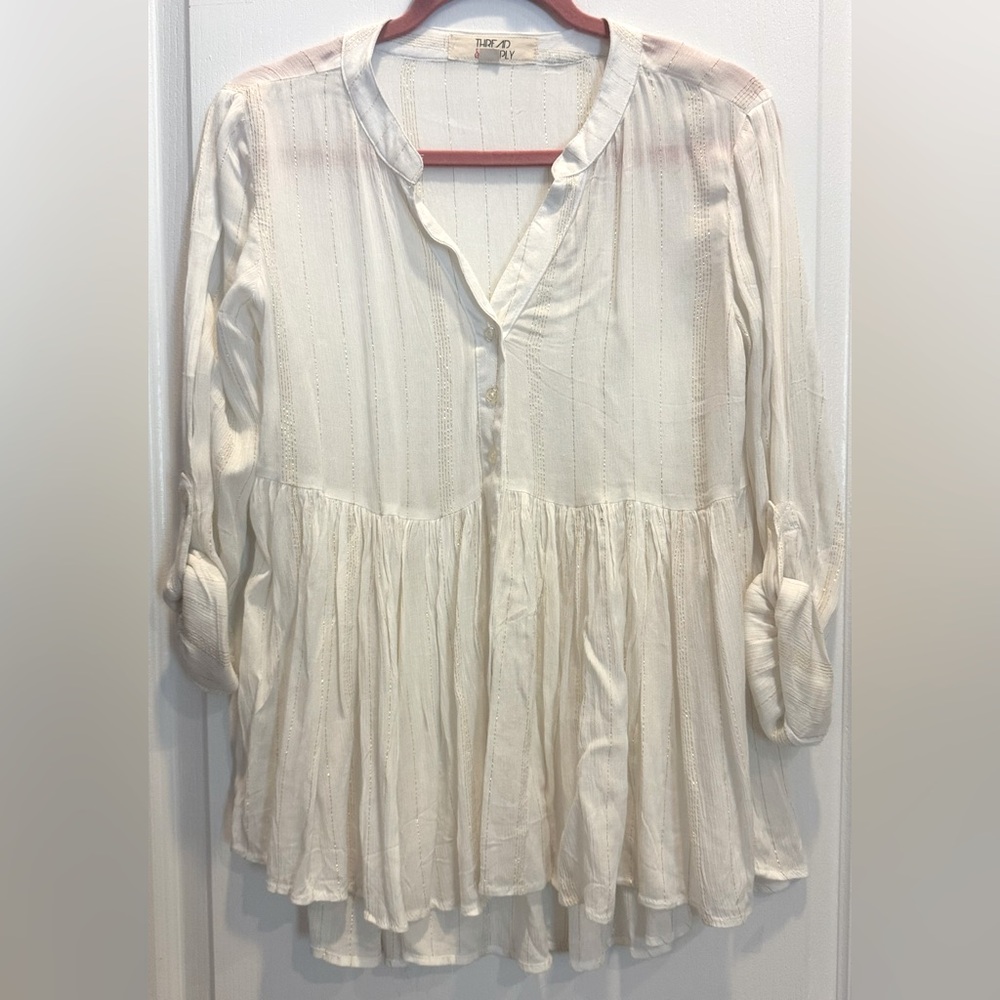 THREAD & SUPPLY Boho Tunic Top Ivory W Gold Metallic Threading Roll Sleeves XS